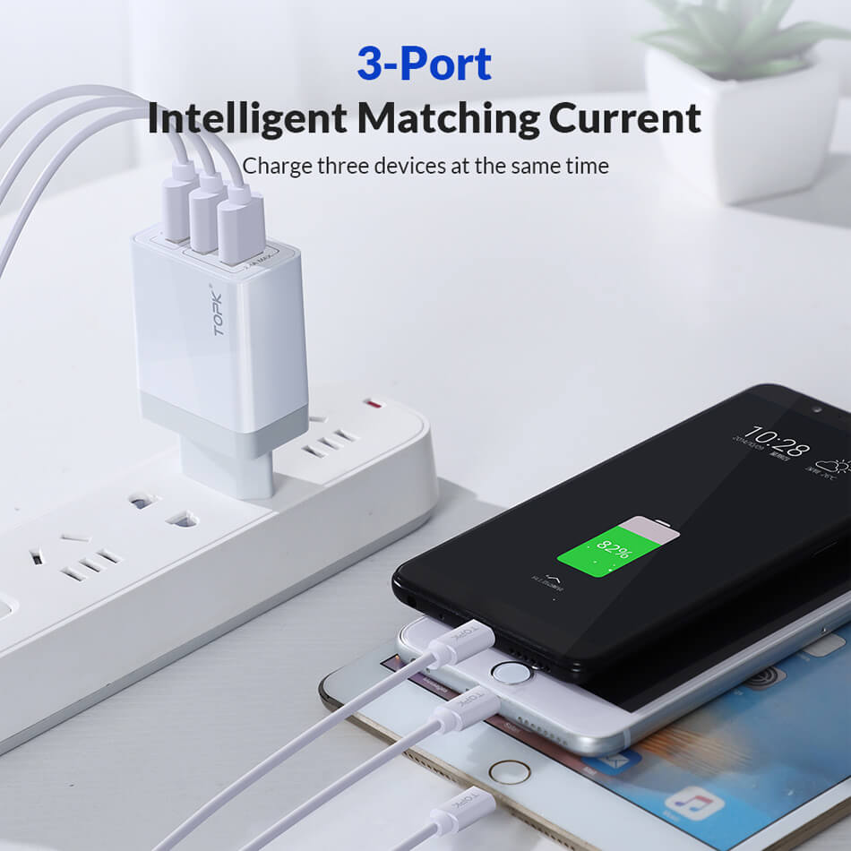 Сетевое зарядное устройство TOPK B348Q, 30W, 3 USB-порта, QC 3.0, цвет черный